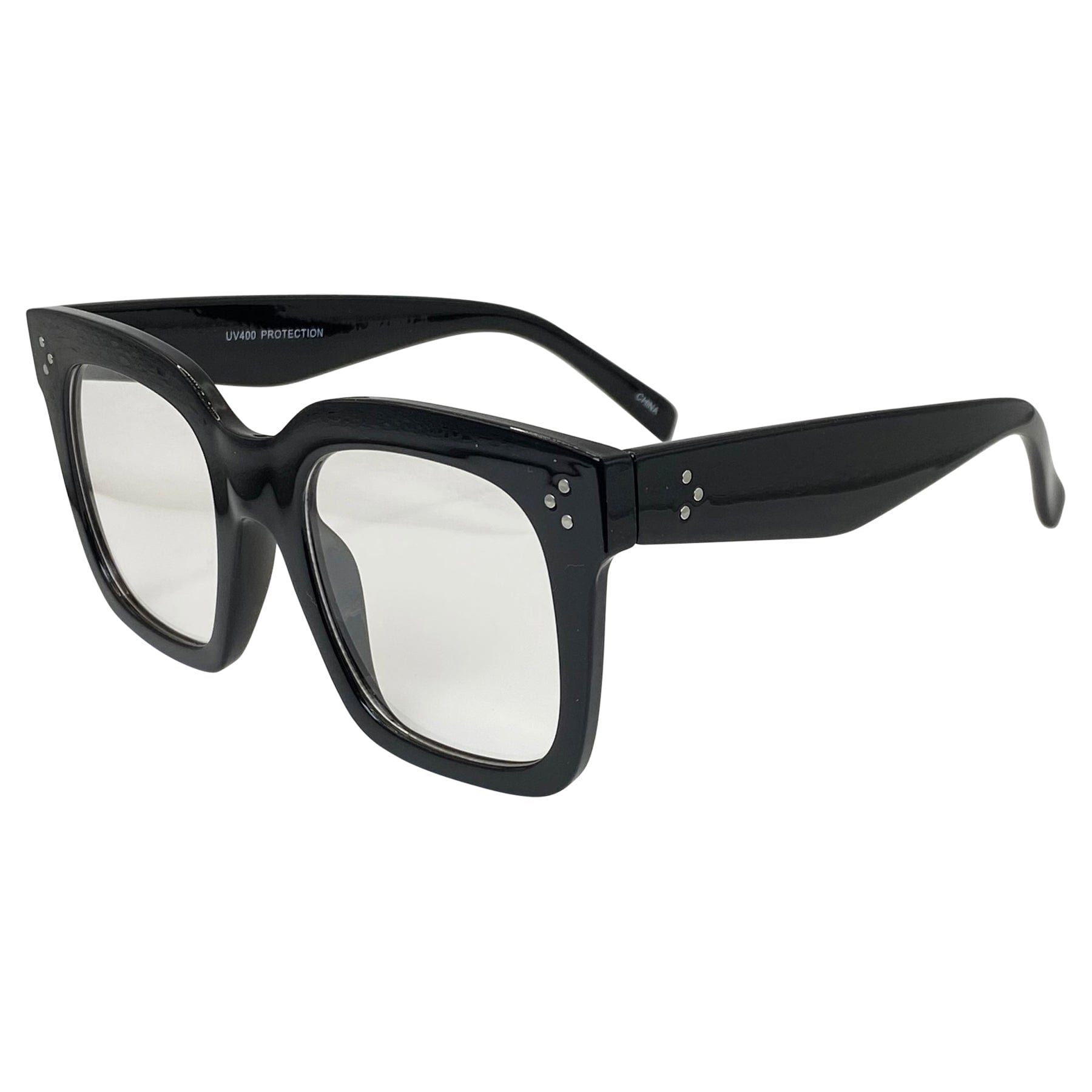 chunky square large glasses with a gloss black finish and clear lens 