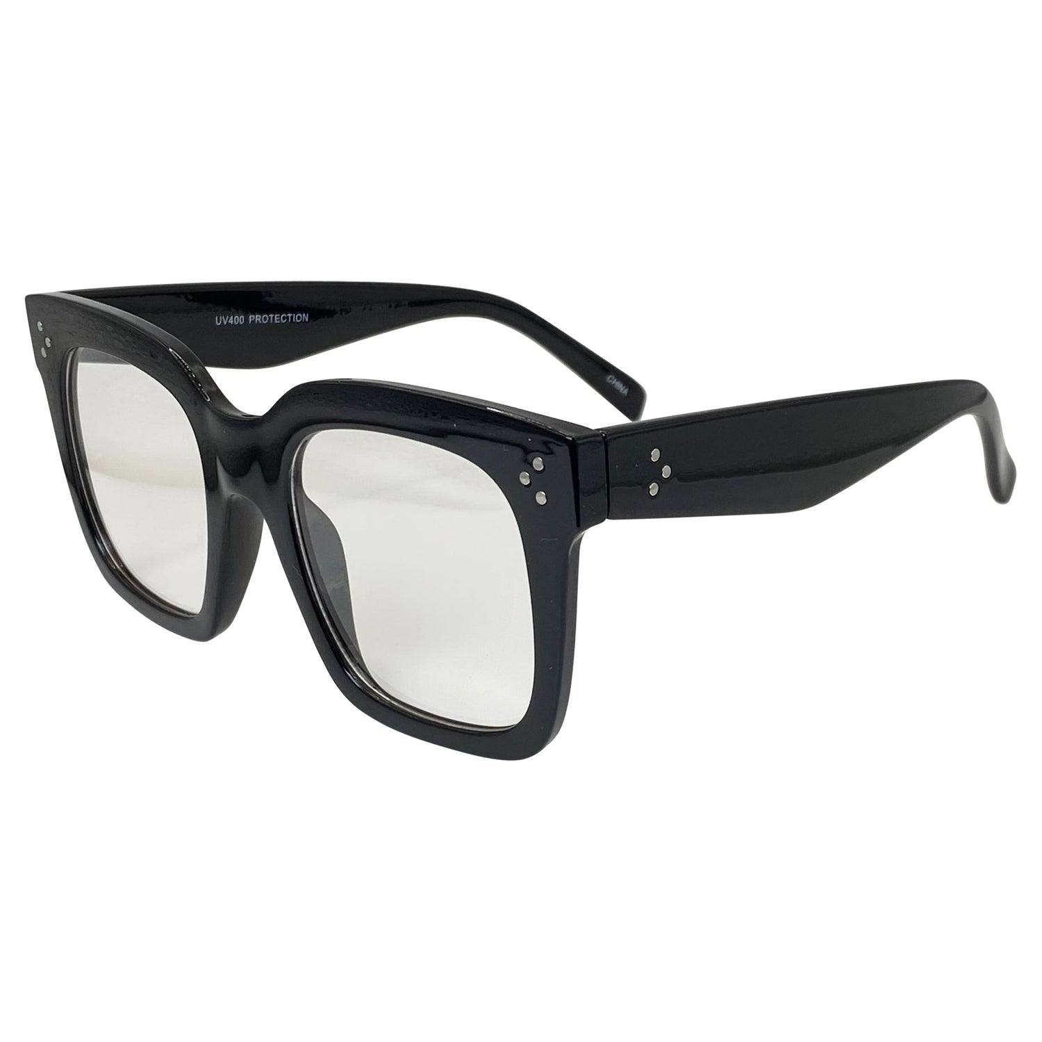 chunky square large glasses with a gloss black finish and clear lens