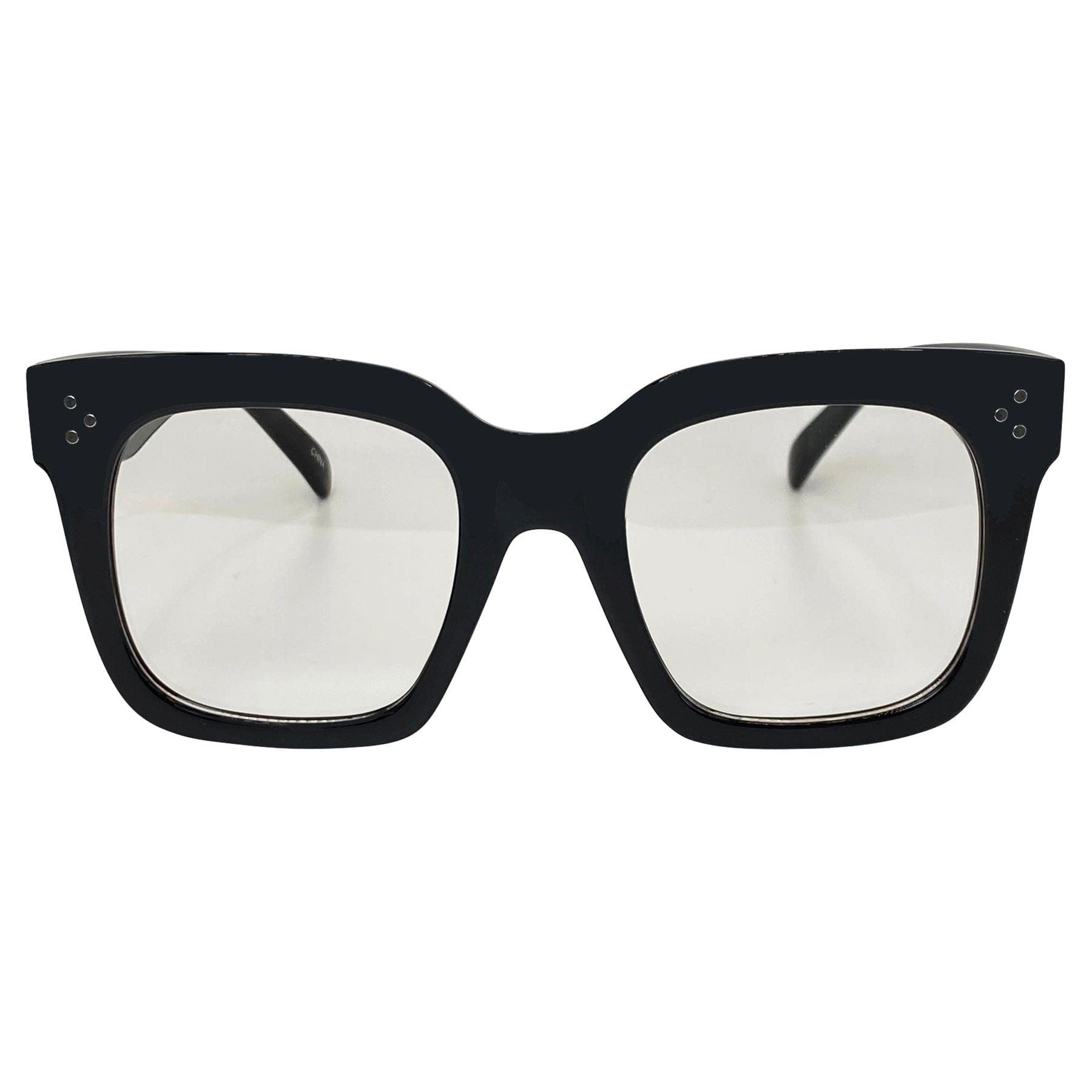 square oversized glasses with a matte black finish and clear lens