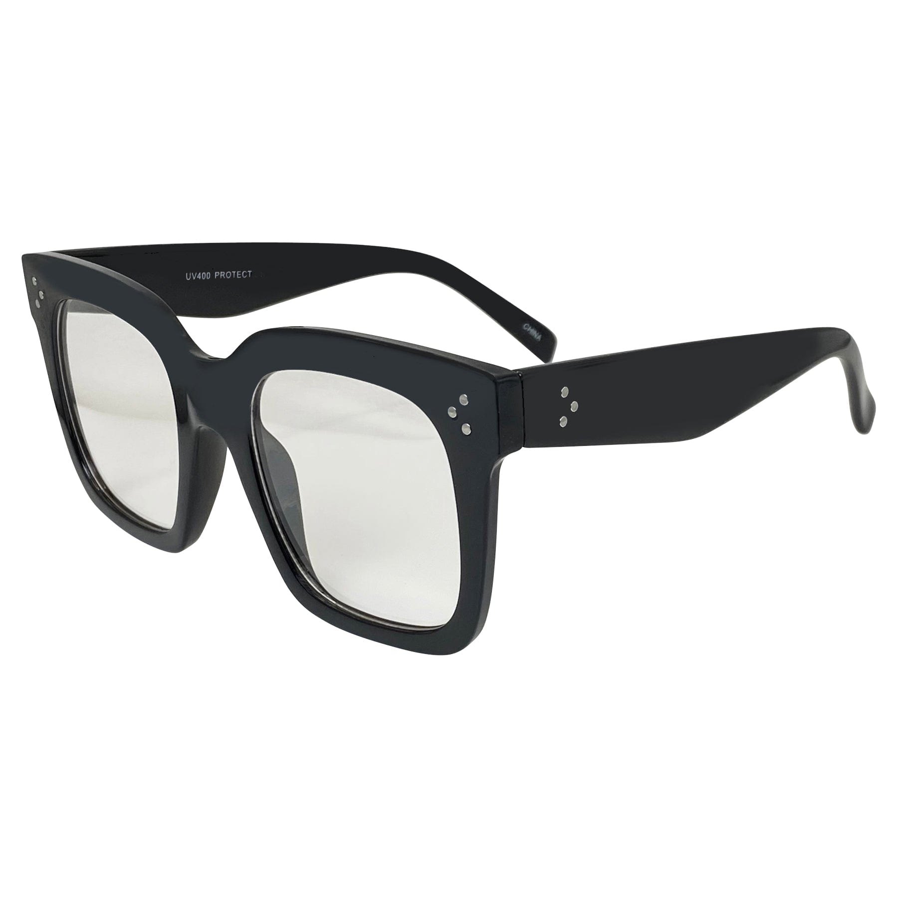 clear big glasses with a square frame and matte black finish 