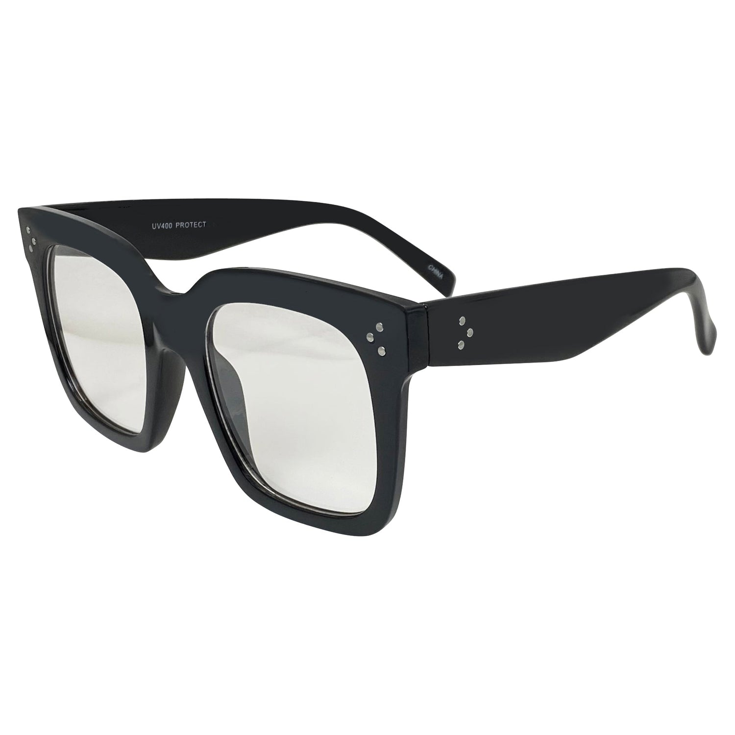 clear big glasses with a square frame and matte black finish