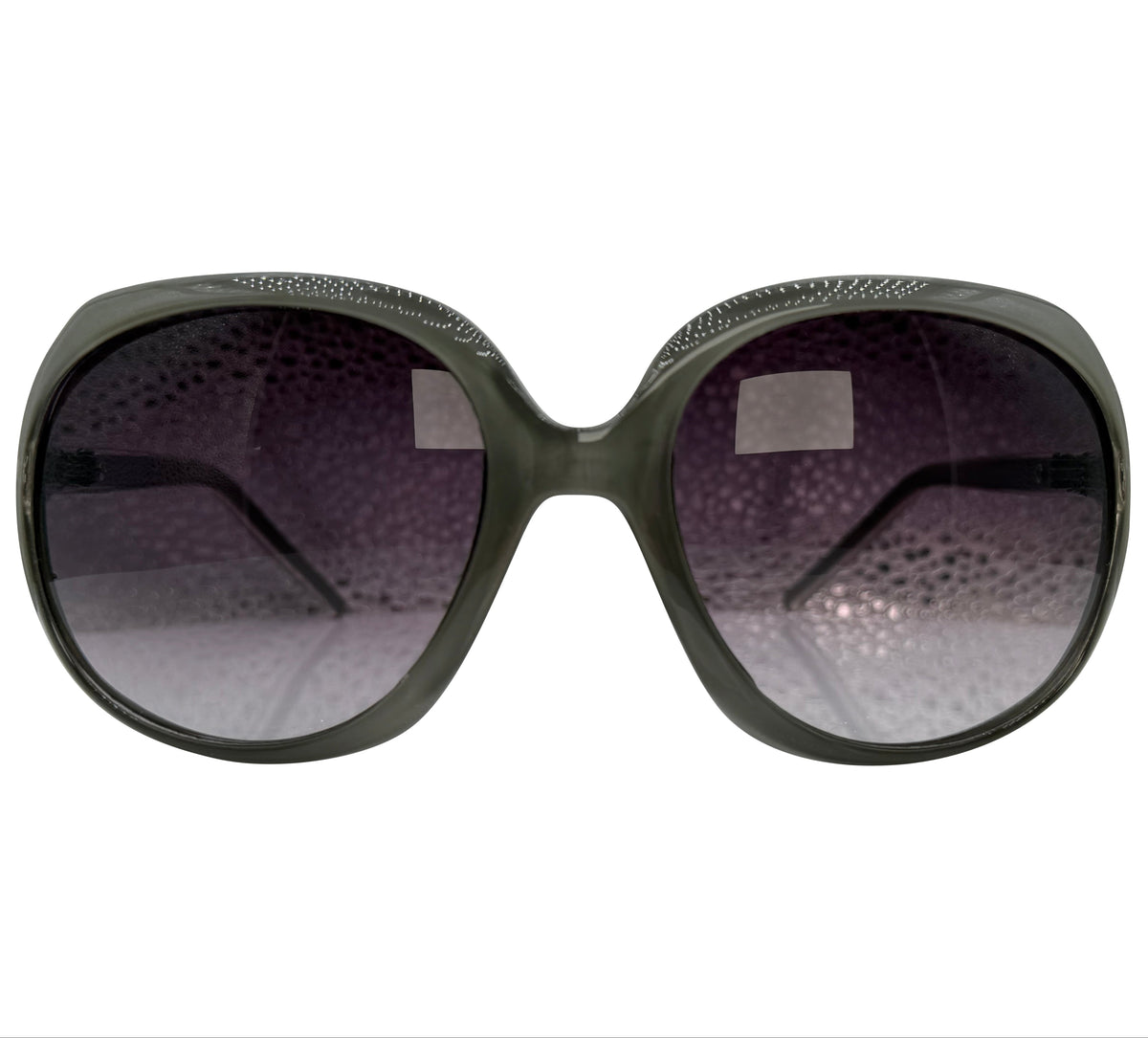 Oversized sunglasses with a dark olive green frame and gradient gray lenses, shown against a plain white background.