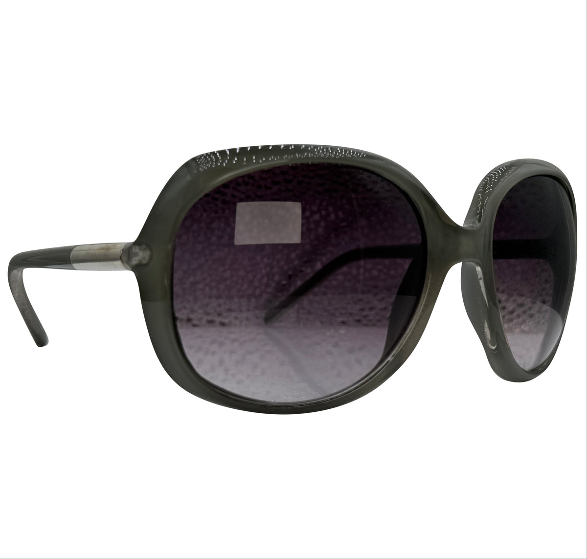 Oversized sunglasses with a dark olive green acetate frame and gradient gray lenses, shown from a three-quarters angle on a white background.