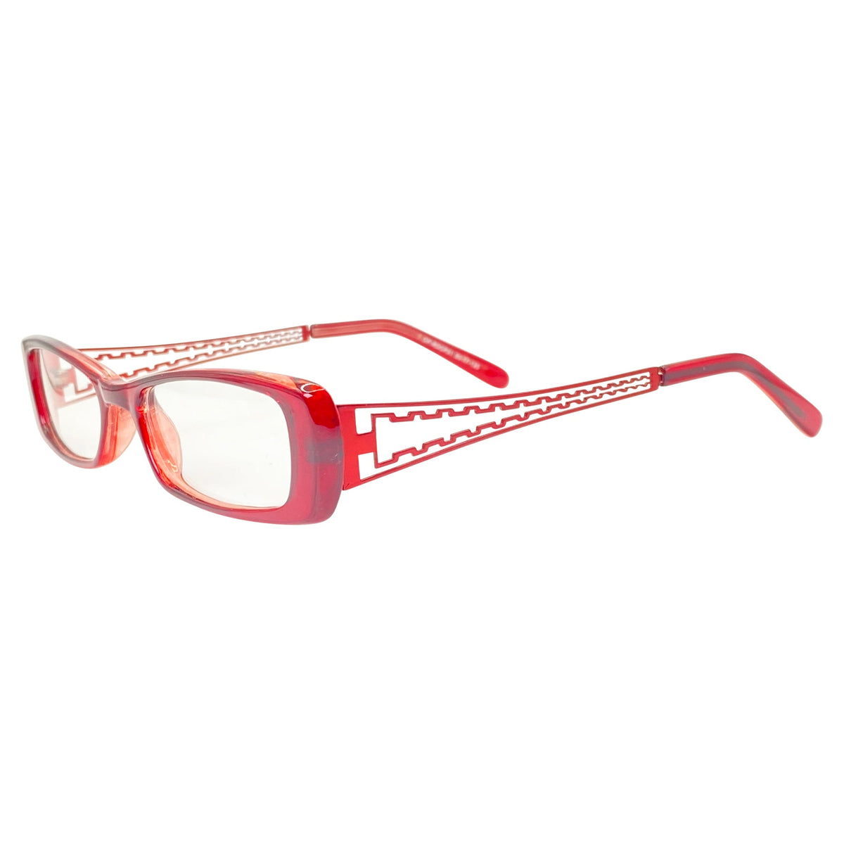 clear lenses glasses with a cherry frame and unique metal temple design