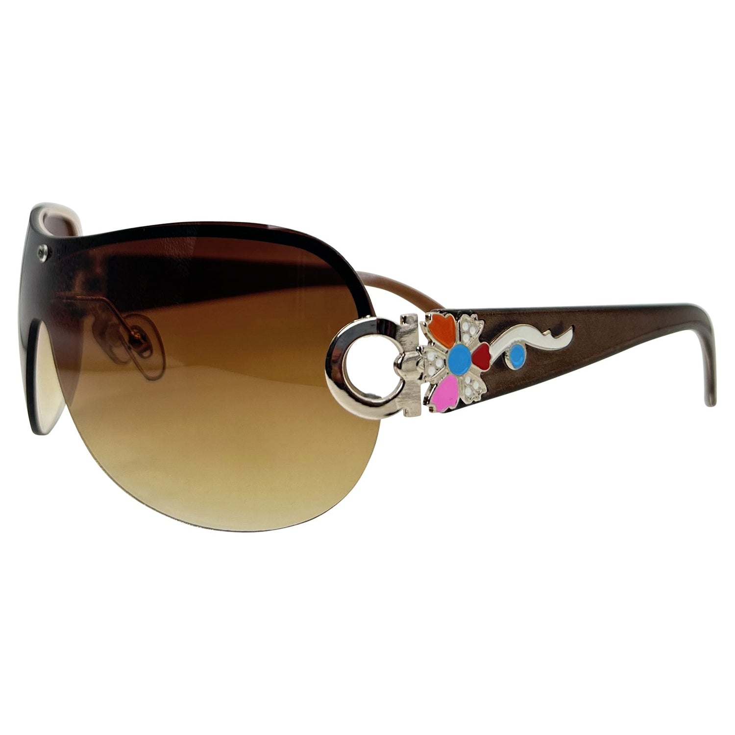 YSABEL Rimless Shield SunglassesBrown Jelly Glitter/Amber-Giant Vintage Eyewear