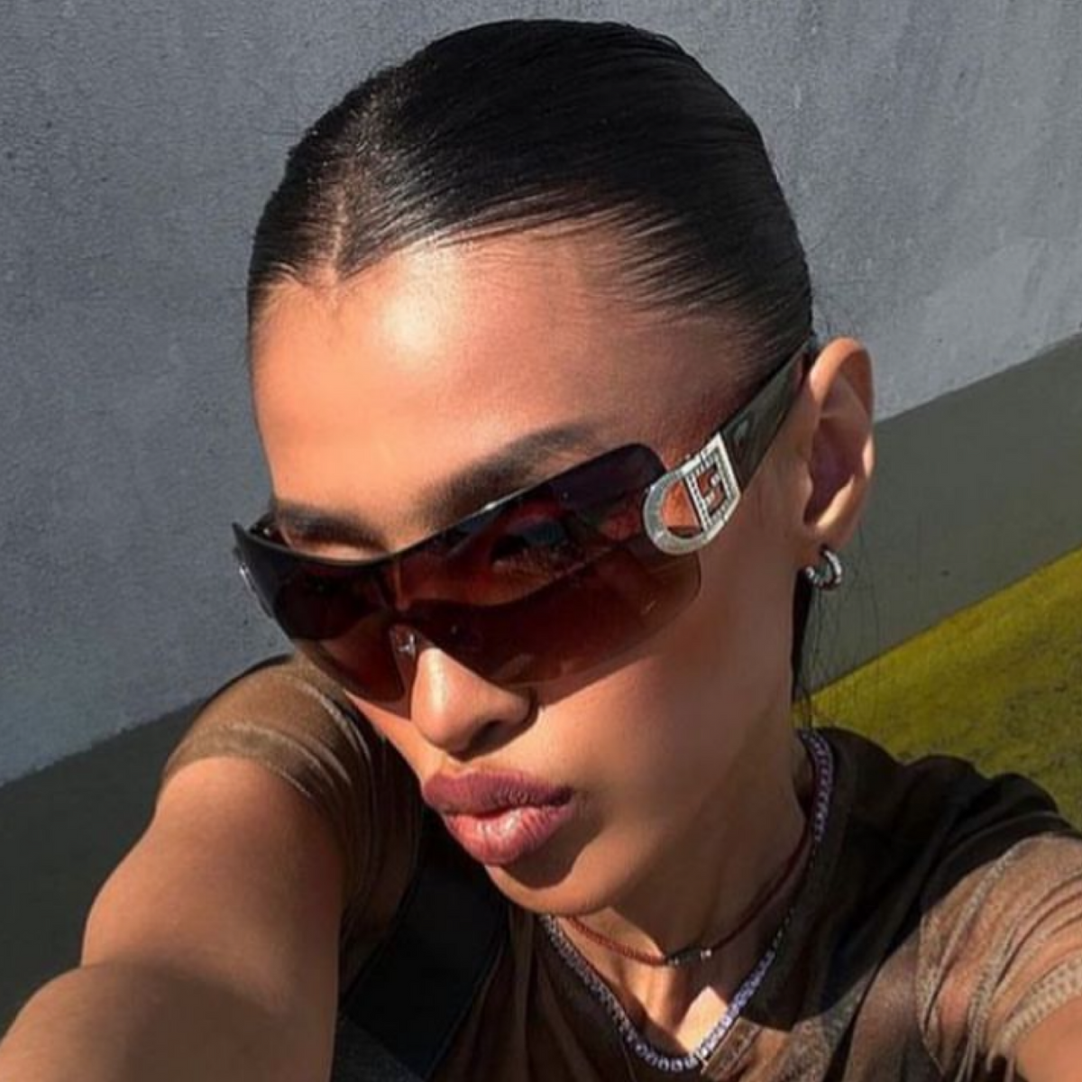 SUGARBABY Rimless Shield Y2K Gold/Amber Sunglasses-Giant Vintage Eyewear