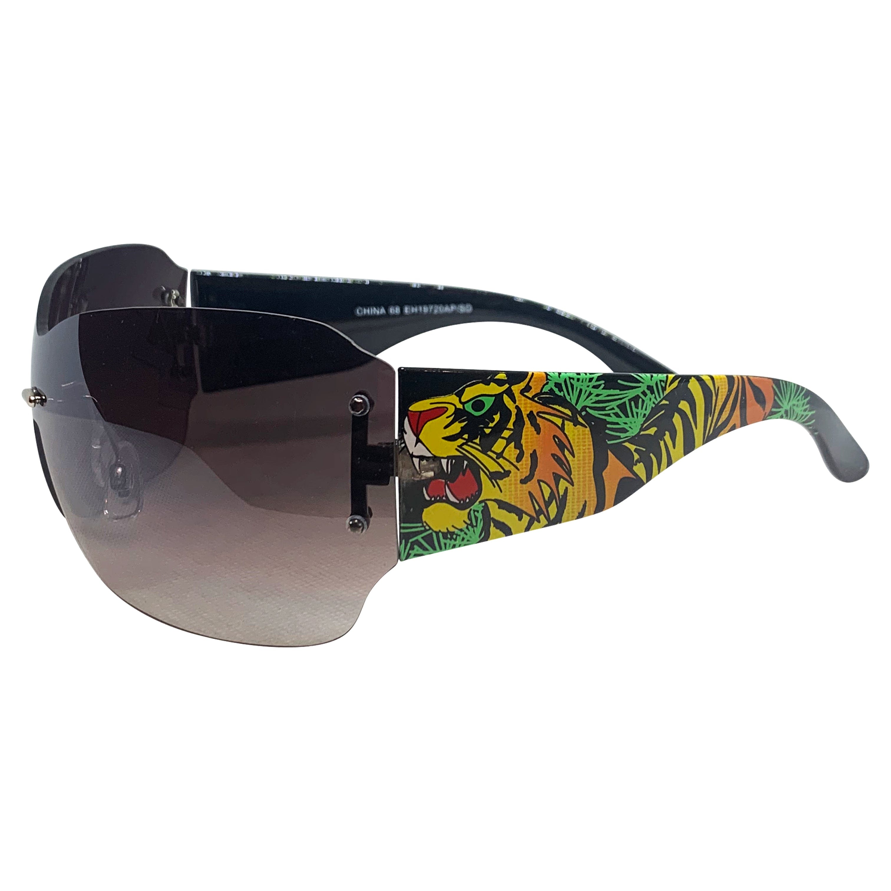 DAWN Tattoo Art Y2K Shield Sunglasses: Black/Smoke Tigers