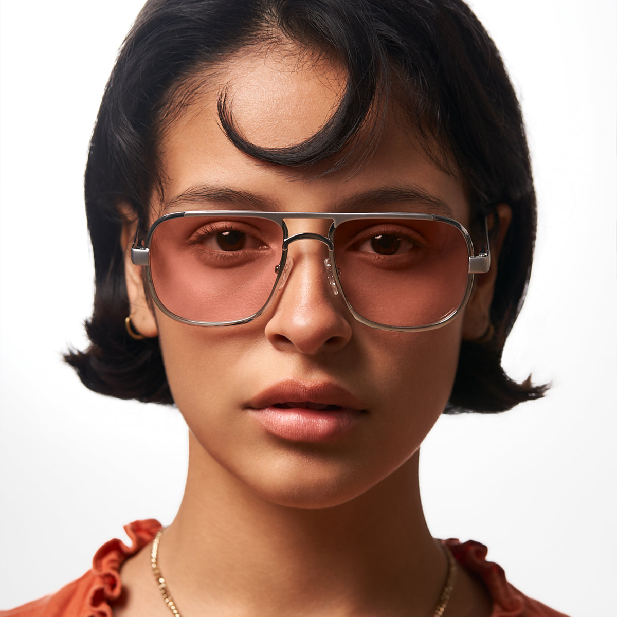 Model wearing FILLMORE retro aviator glasses by Giant Vintage