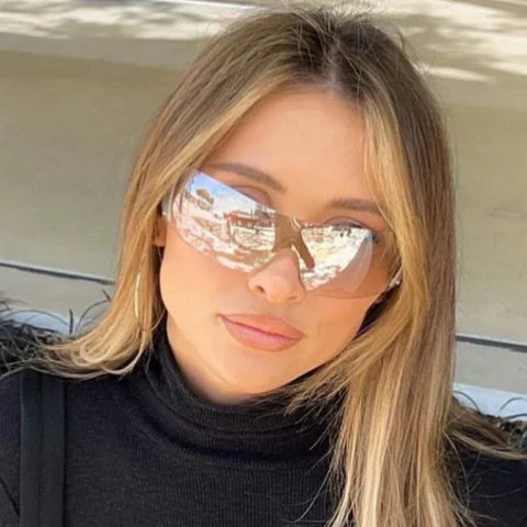 Trendy girl wearing ZIPPER shield sunglasses by Giant Vintage