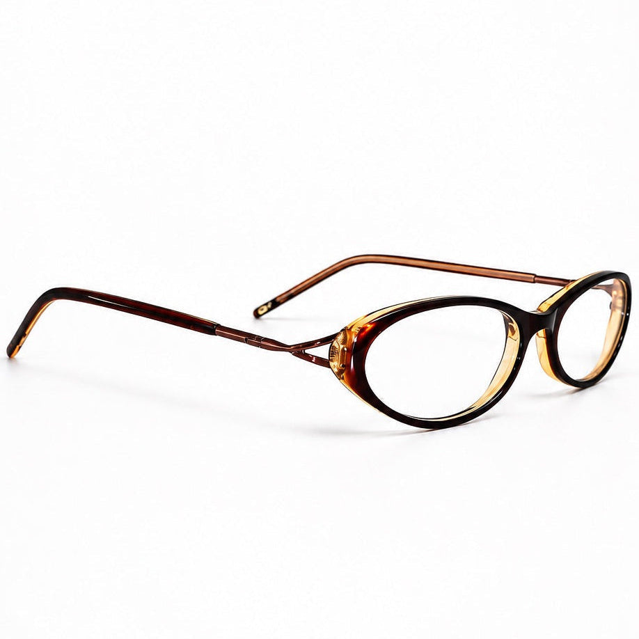 Oval eyeglasses with a dark brown tortoiseshell acetate frame and clear lenses, displayed on a clean white background.