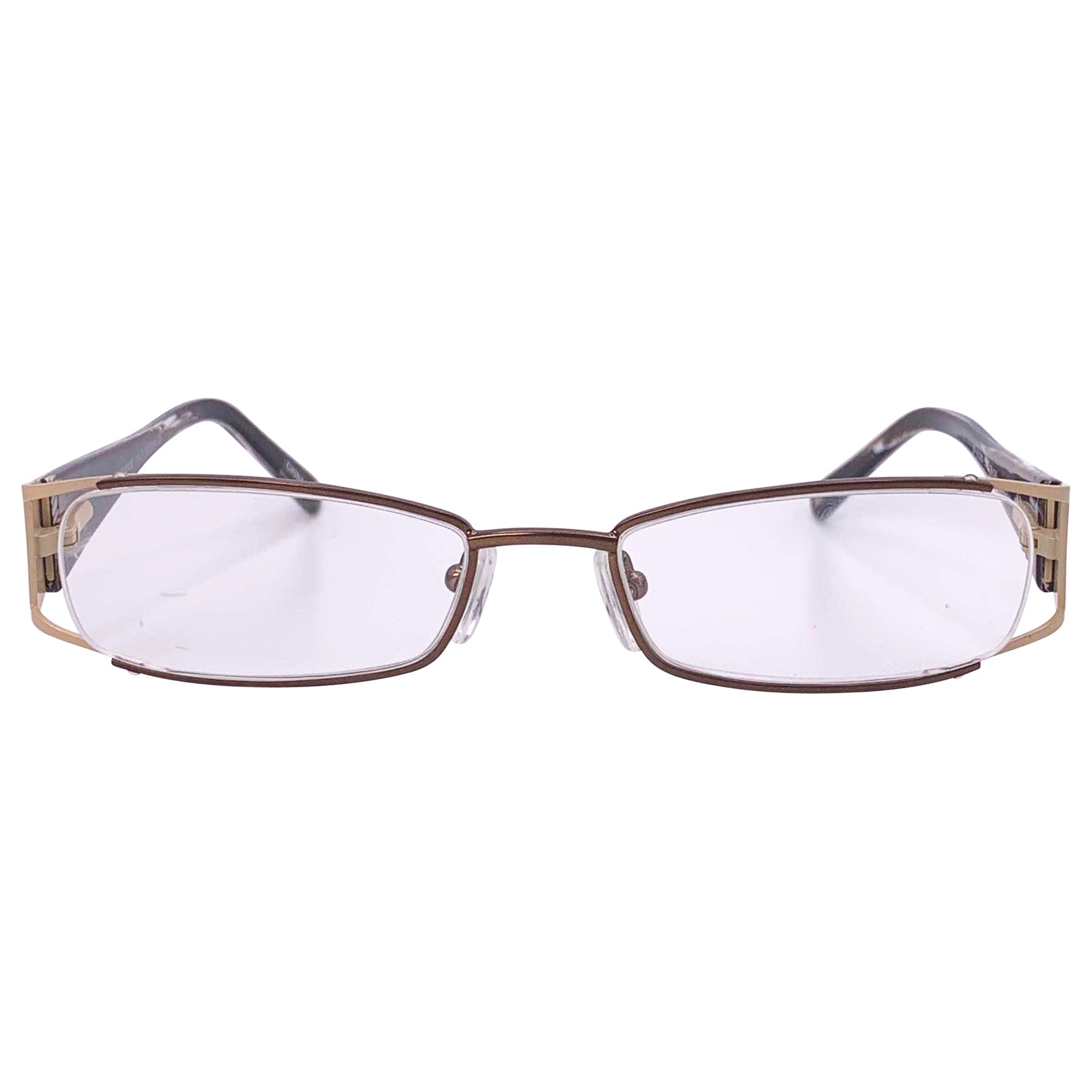 clear retro glasses with a 90s tan frame style 