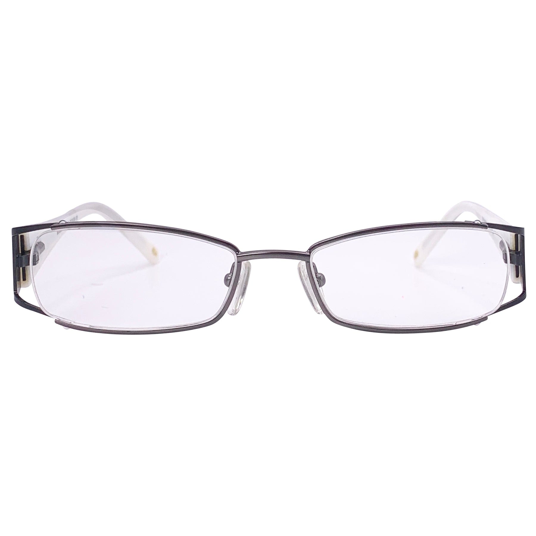 tan color glasses with a clear lens and 90s frame 