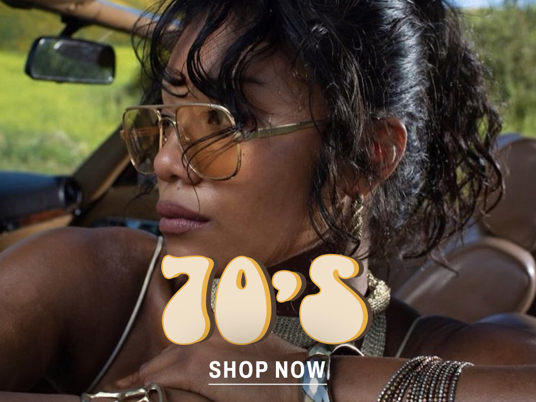 woman wearing aviator glasses for 70s sunglasses collection