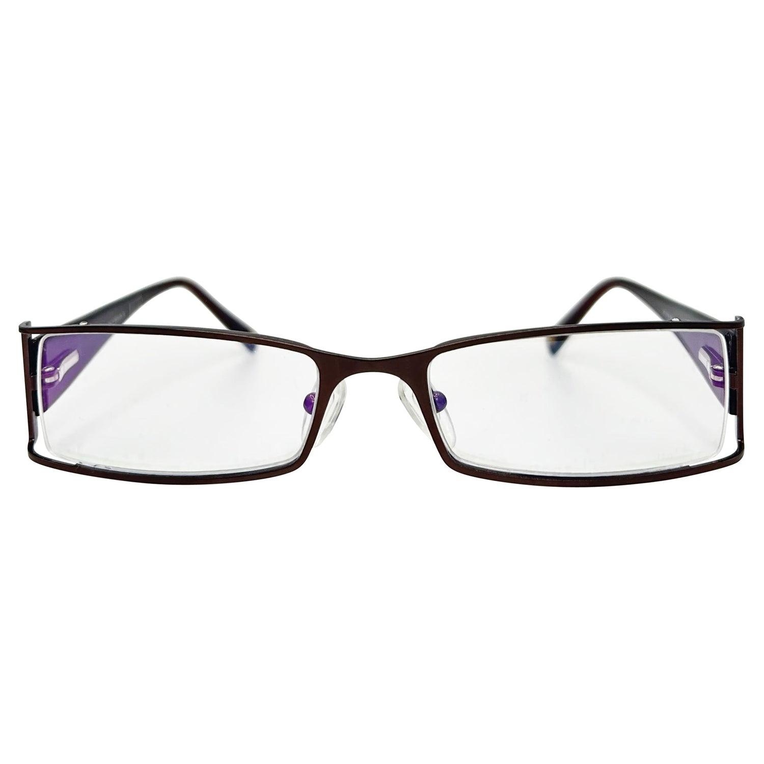 copper colored glasses with a rectangular 90s bayonetta style