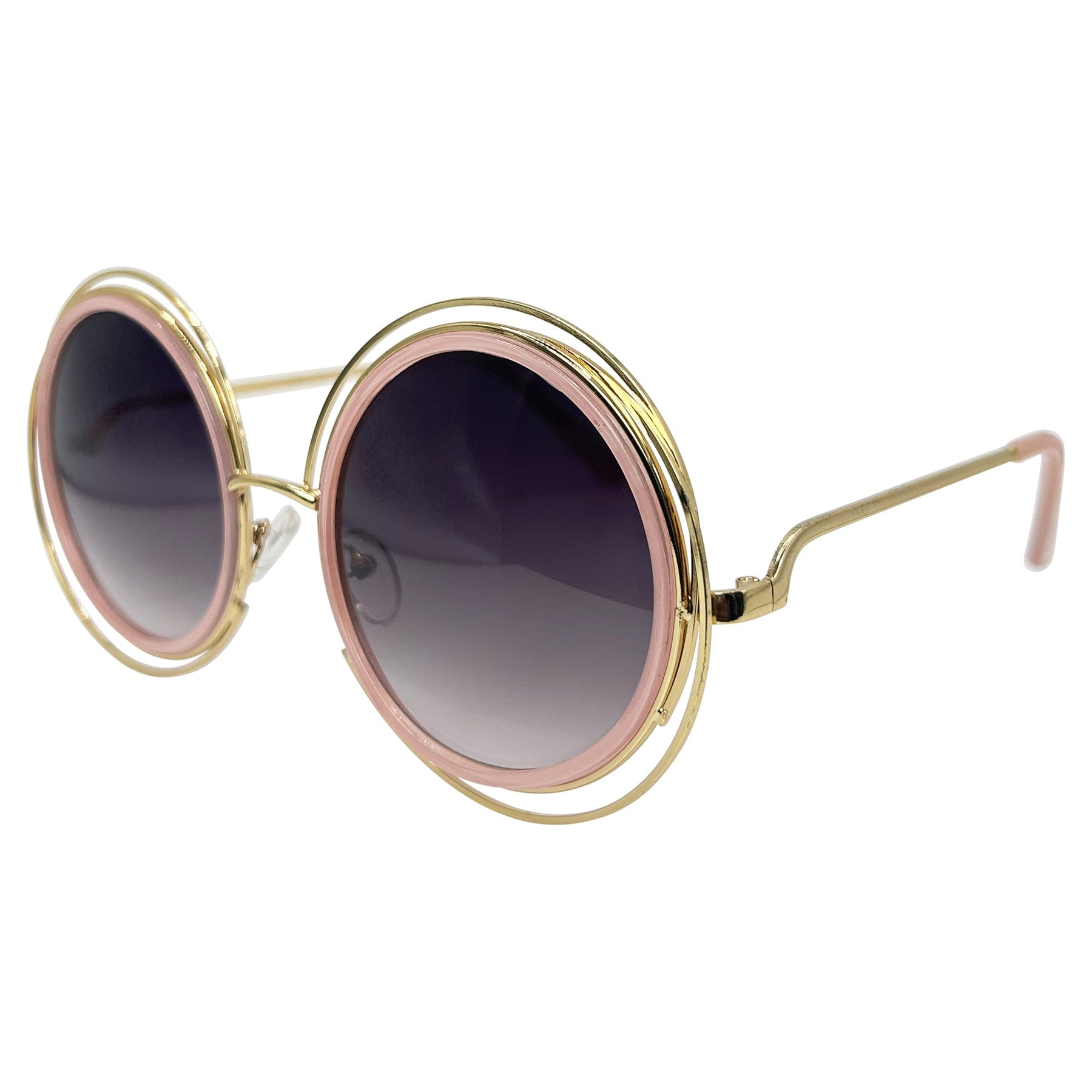 pink colorful sunglasses with a metal frame and smoke lens