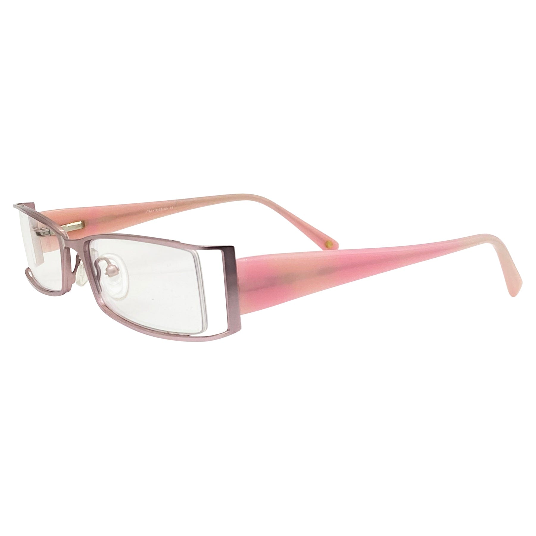 retro 90s bayonetta style frame, pink metal frame with a pink gloss temple