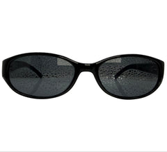 Black sunglasses with dark tinted lenses, shown from the front on a plain white background.
