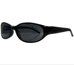 Black cat-eye sunglasses with dark tinted lenses, shown from a three-quarters angle on a plain white background.