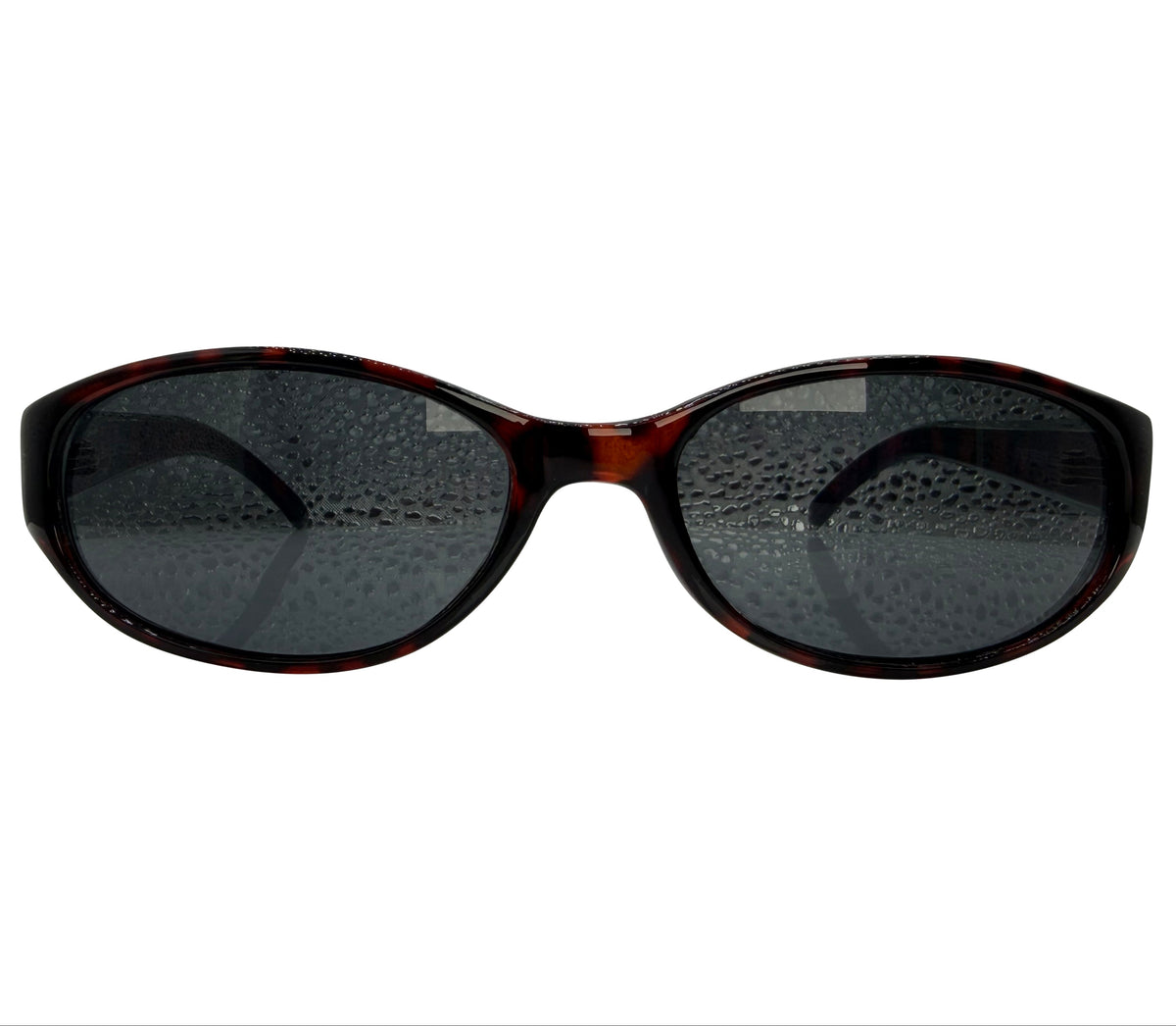 Oval sunglasses with a dark brown and black tortoiseshell frame and dark gray tinted lenses, shown against a plain white background.