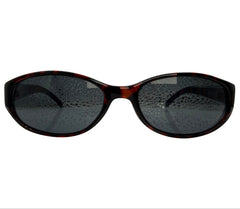 Oval sunglasses with a dark brown and black tortoiseshell frame and dark gray tinted lenses, shown against a plain white background.