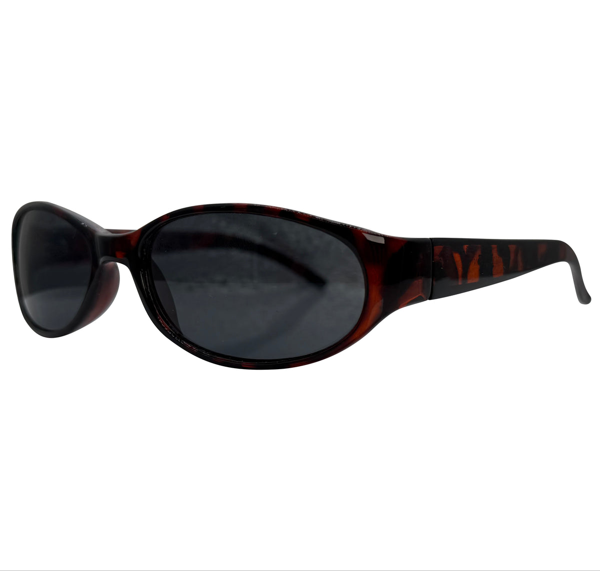 Oval sunglasses with a dark tortoiseshell frame and dark gray lenses, shown from a three-quarters angle on a plain white background.