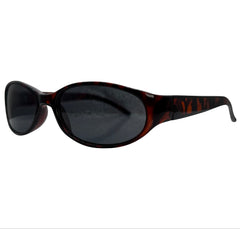 Oval sunglasses with a dark tortoiseshell frame and dark gray lenses, shown from a three-quarters angle on a plain white background.