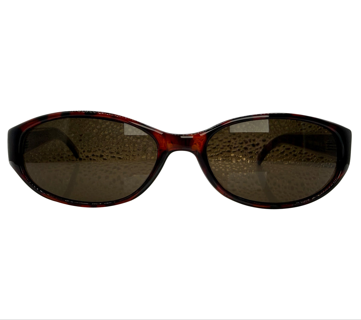Oval sunglasses with a dark brown and black tortoiseshell frame and dark brown lenses, shown against a plain white background.