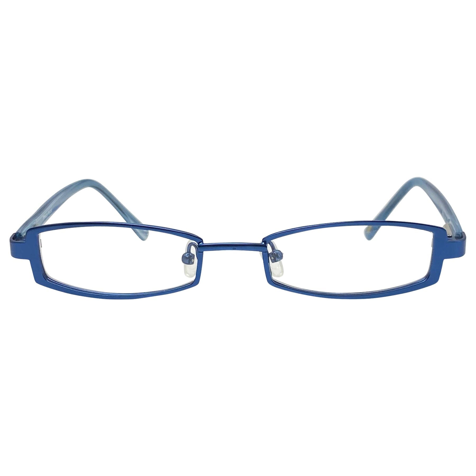Colored glasses with a blue metal rectangular frame and a 90s style