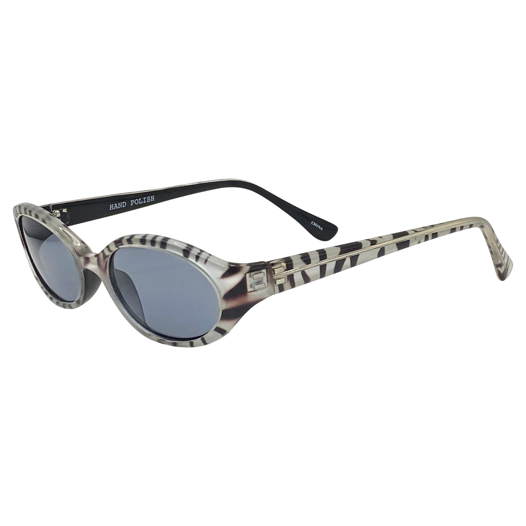 90s retro sunglasses with an oval shape and animal print frames