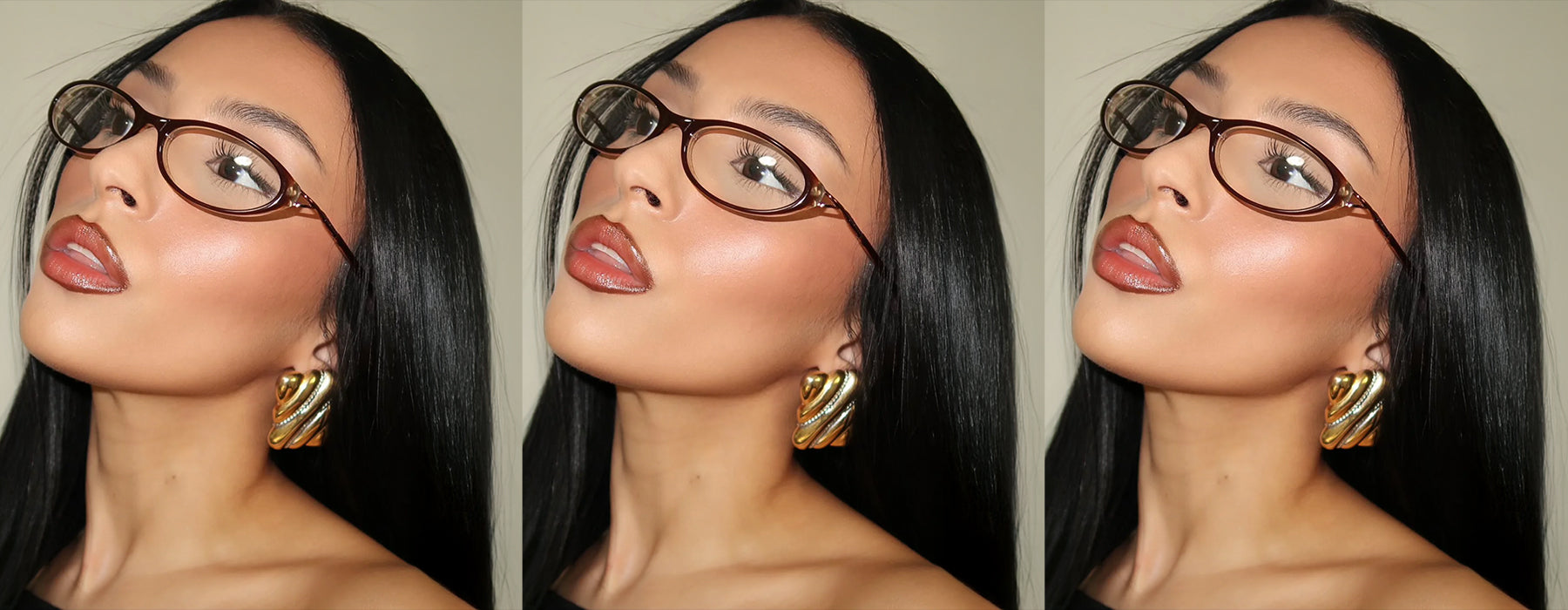 Three side-by-side images of a woman wearing BANDAGE glasses and gold earrings against a neutral background.