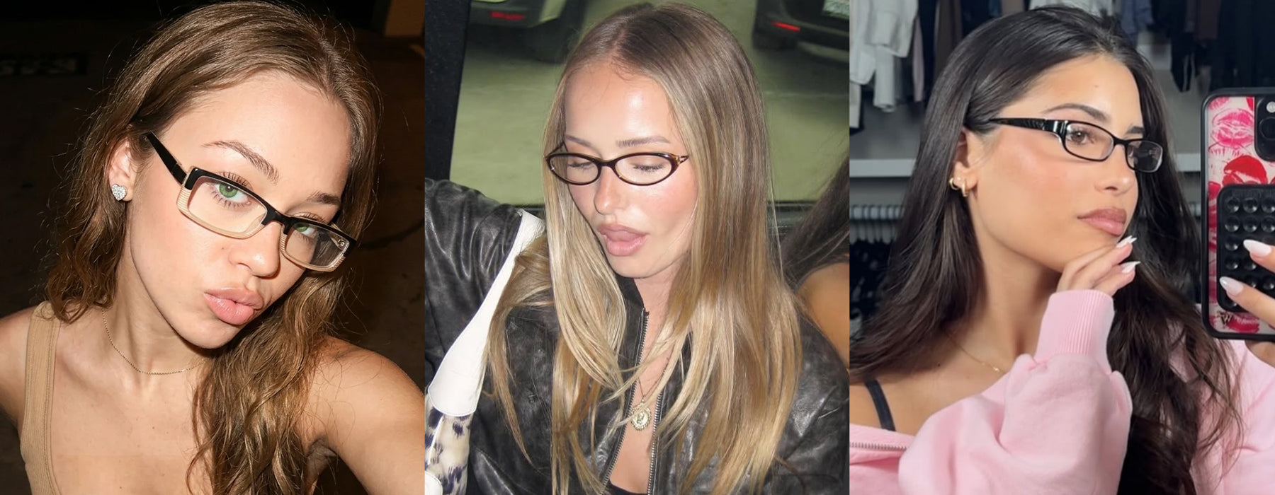 Three images of a woman wearing bayonetta style glasses in different settings.
