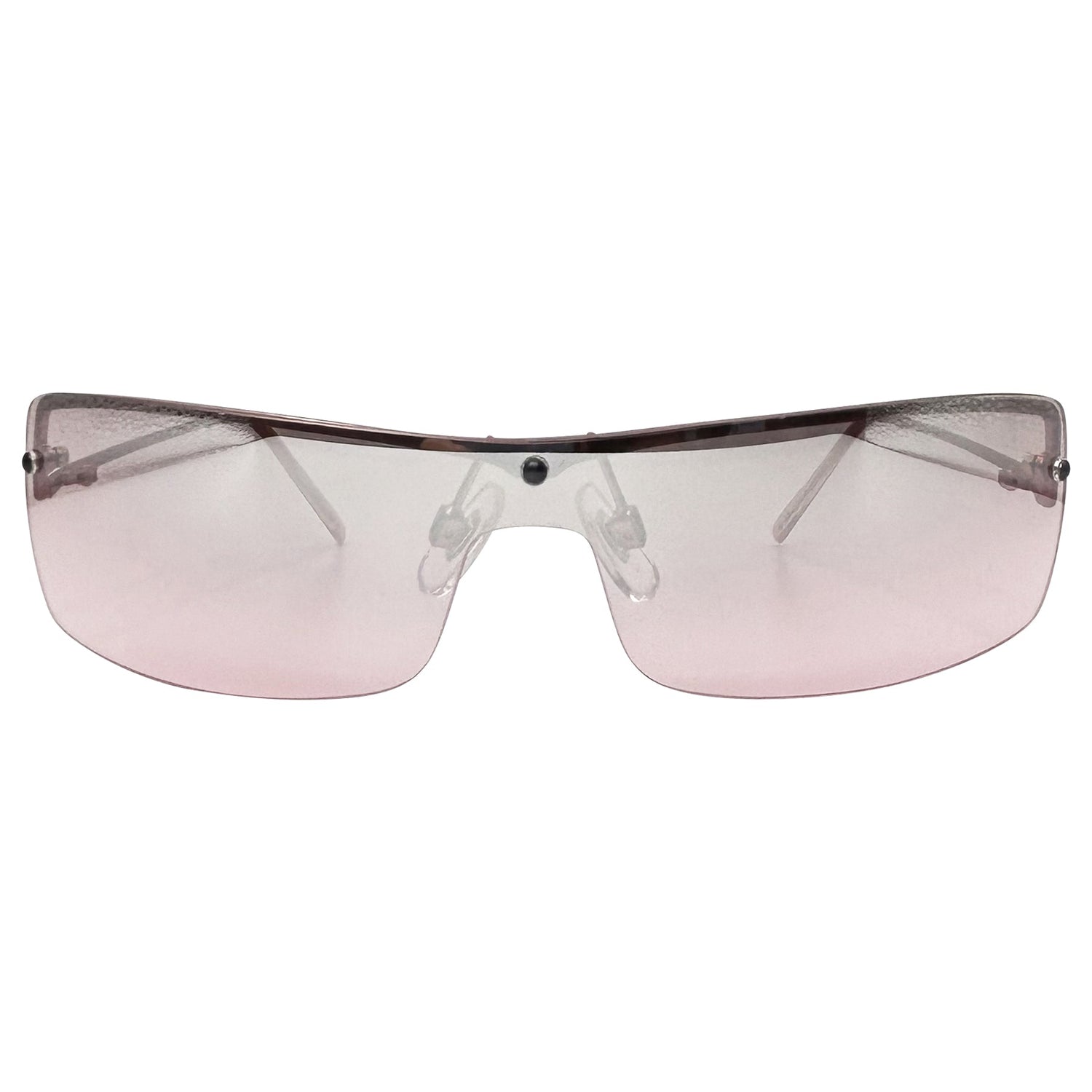 pink colored sunglasses with a metal y2k style frame 