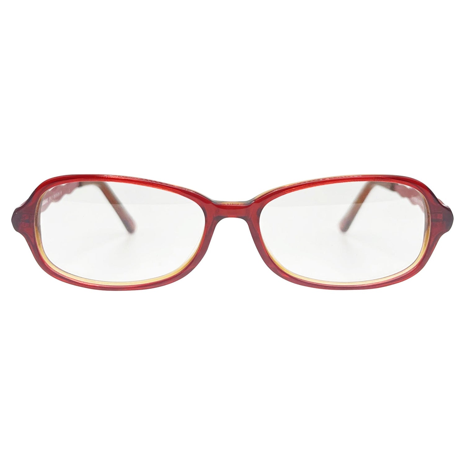 unique clear lens vintage frames with pink metal arms and cherry color