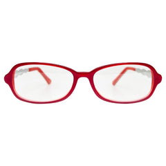 clear glasses women and unisex with a unique cherry and silver metal colored frame 
