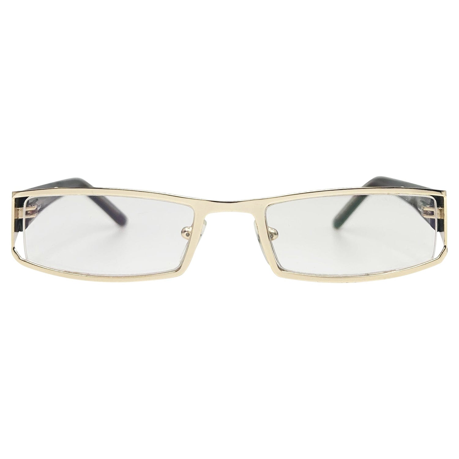 90s bayonetta-style retro glasses with a gold metal frame and clear lens