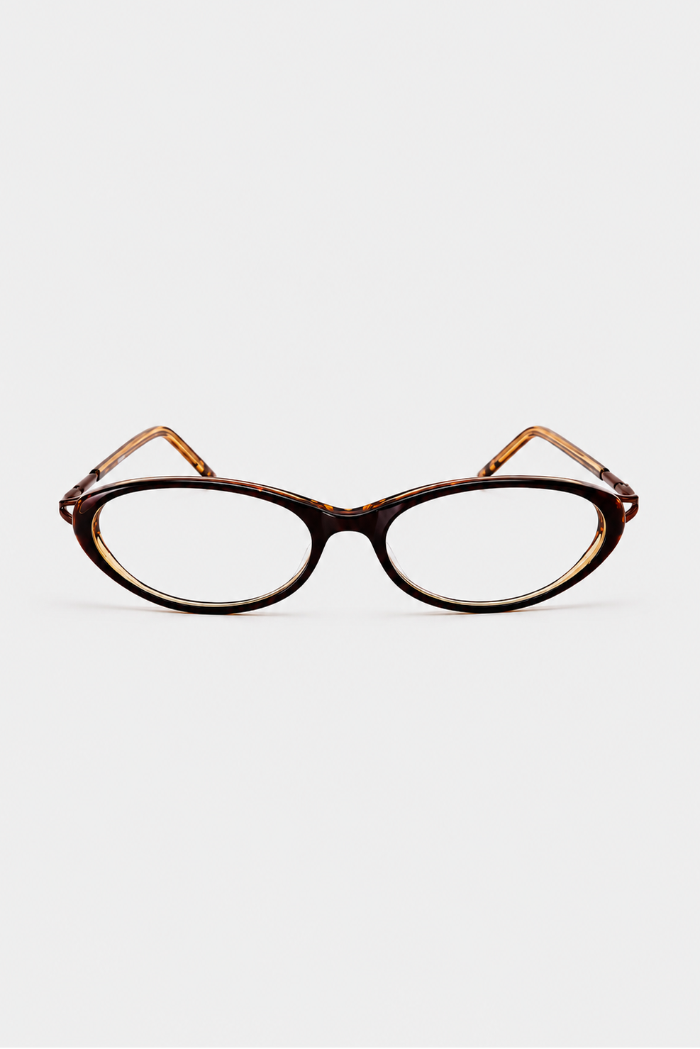 Oval eyeglasses with a dark brown tortoiseshell pattern and clear lenses, displayed on a light gray background.