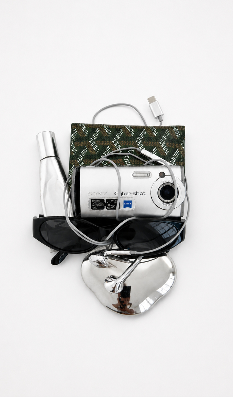 A silver Sony camera resting on a DAISY in black, with a patterned green and black Goyard pouch, a silver cylindrical bottle, and a reflective silver heart-shaped mirror arranged on a white background.