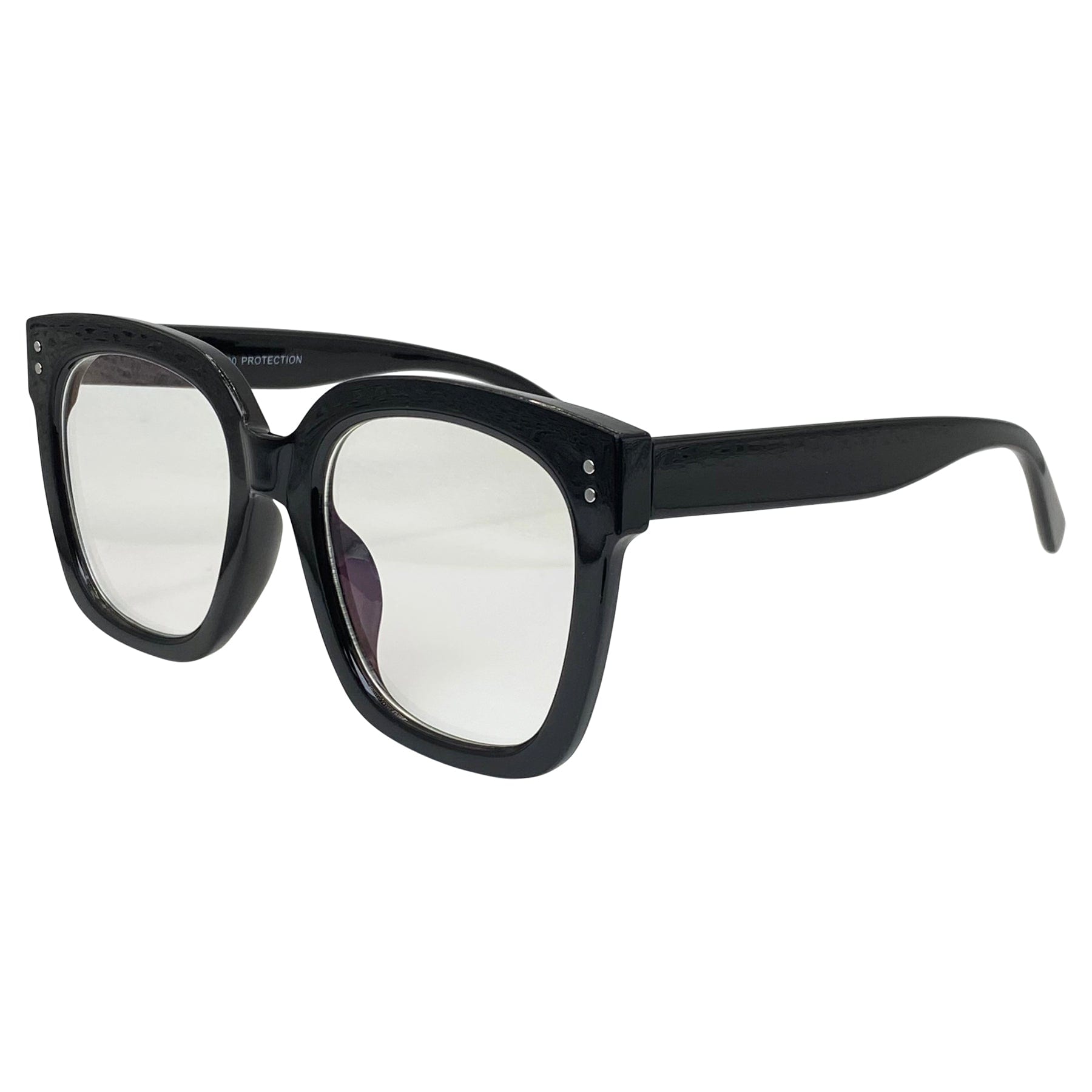 black colored glasses with a clear blueblocker lens