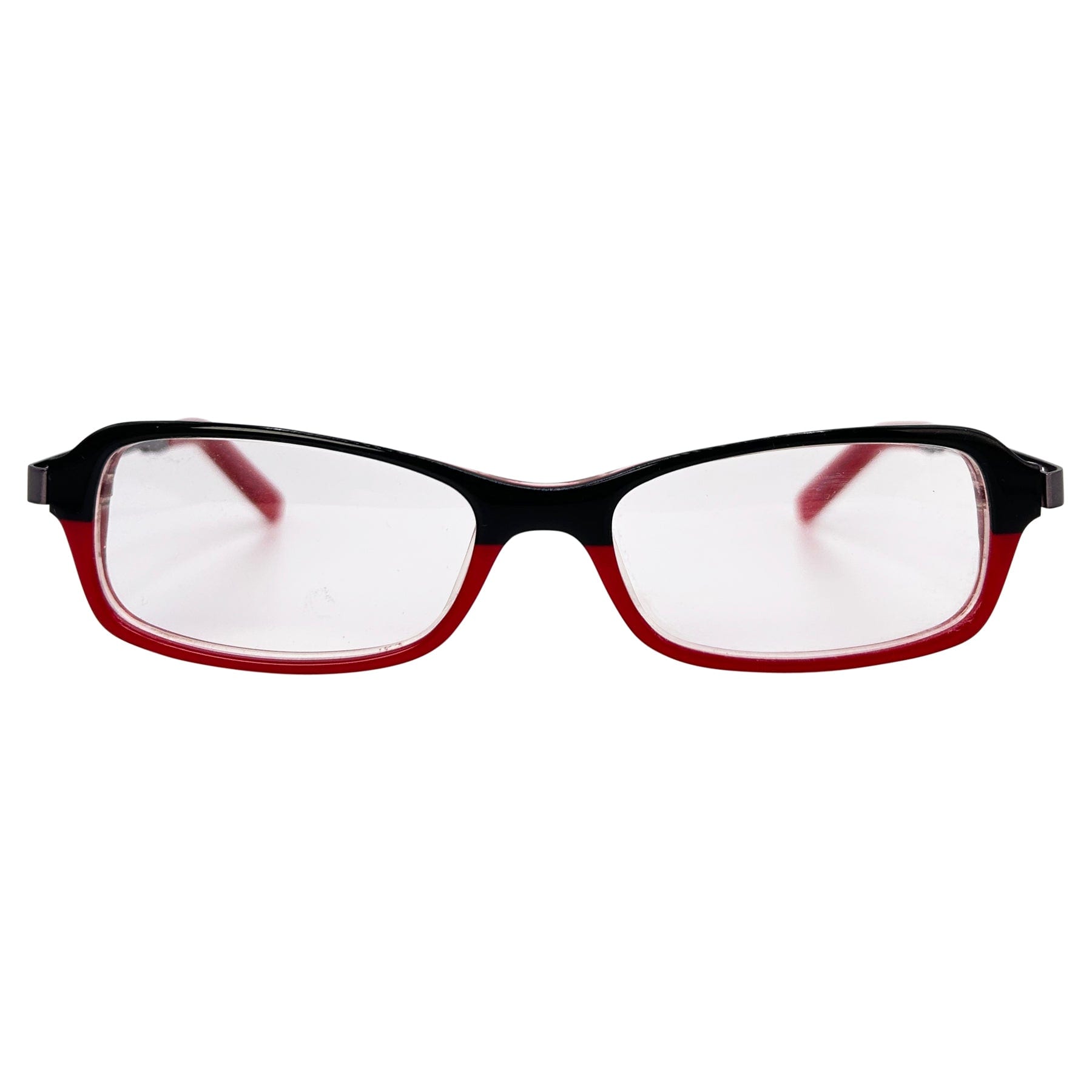 black and red clear square glasses with a 90 style frame