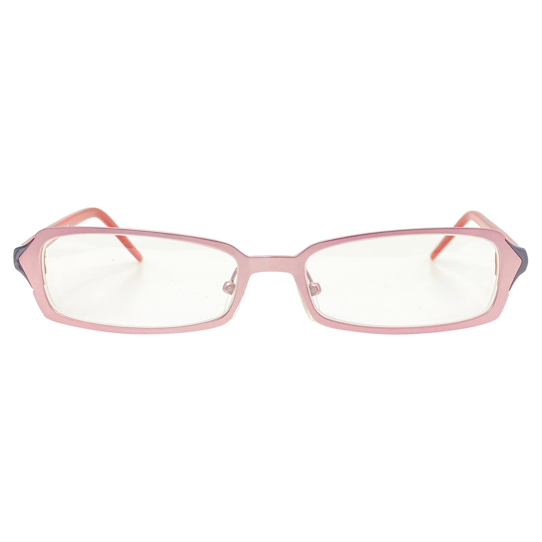 retro glasses with a pink metal rectangular frame and a 90s bayonetta style 
