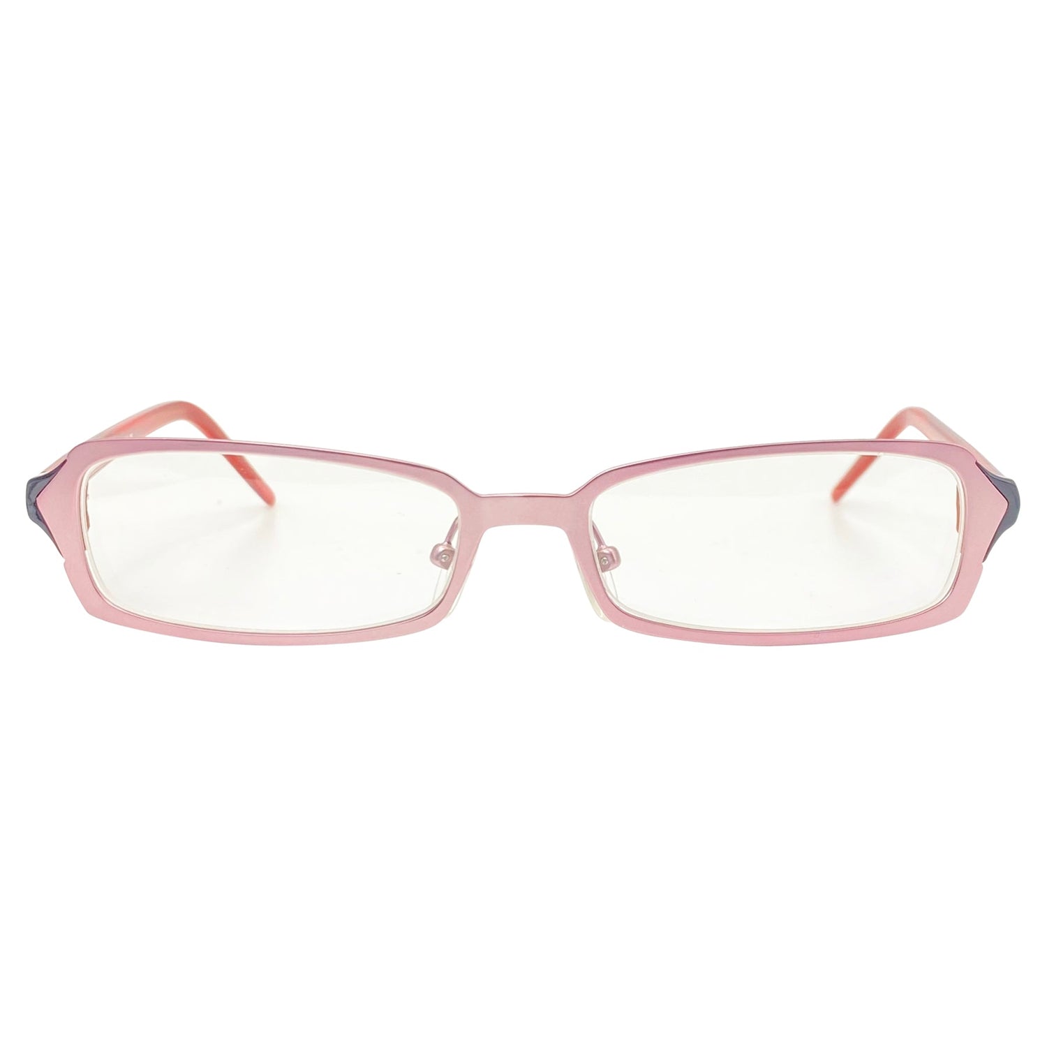 retro glasses with a pink metal rectangular frame and a 90s bayonetta style 