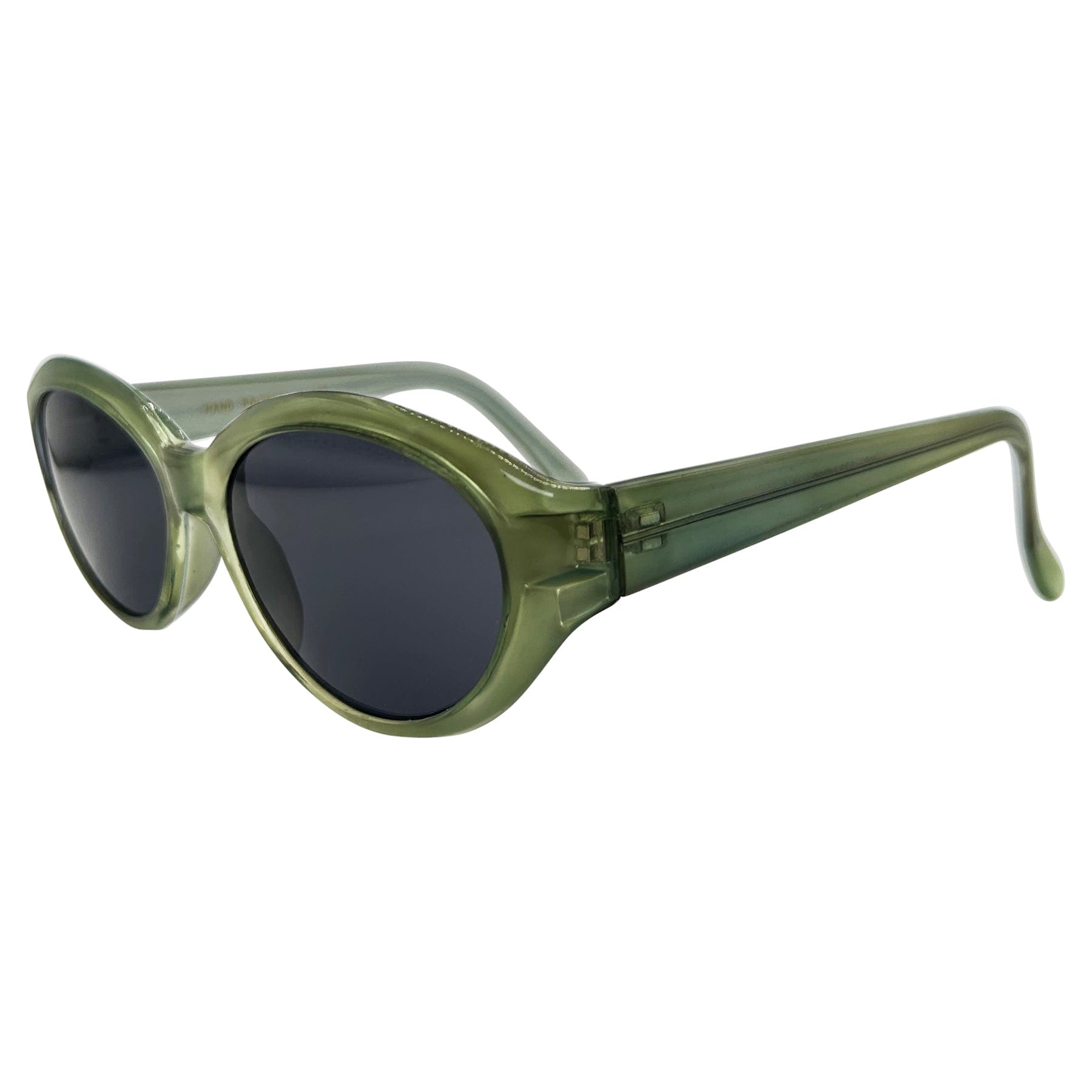 90s retro sunglasses with a cat eye shape and green jelly frame