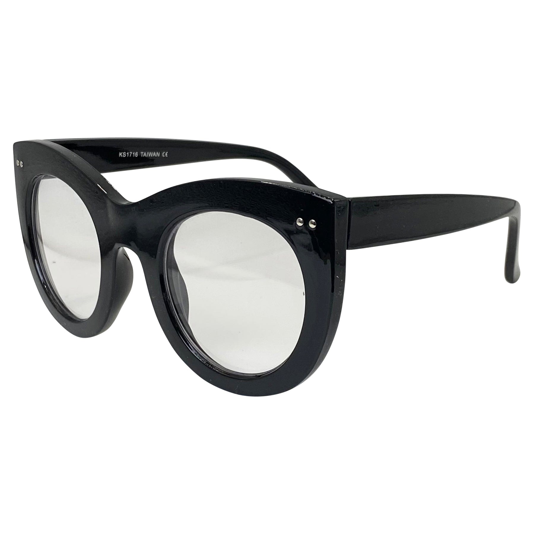 black color glasses with a cat eye rounded frame