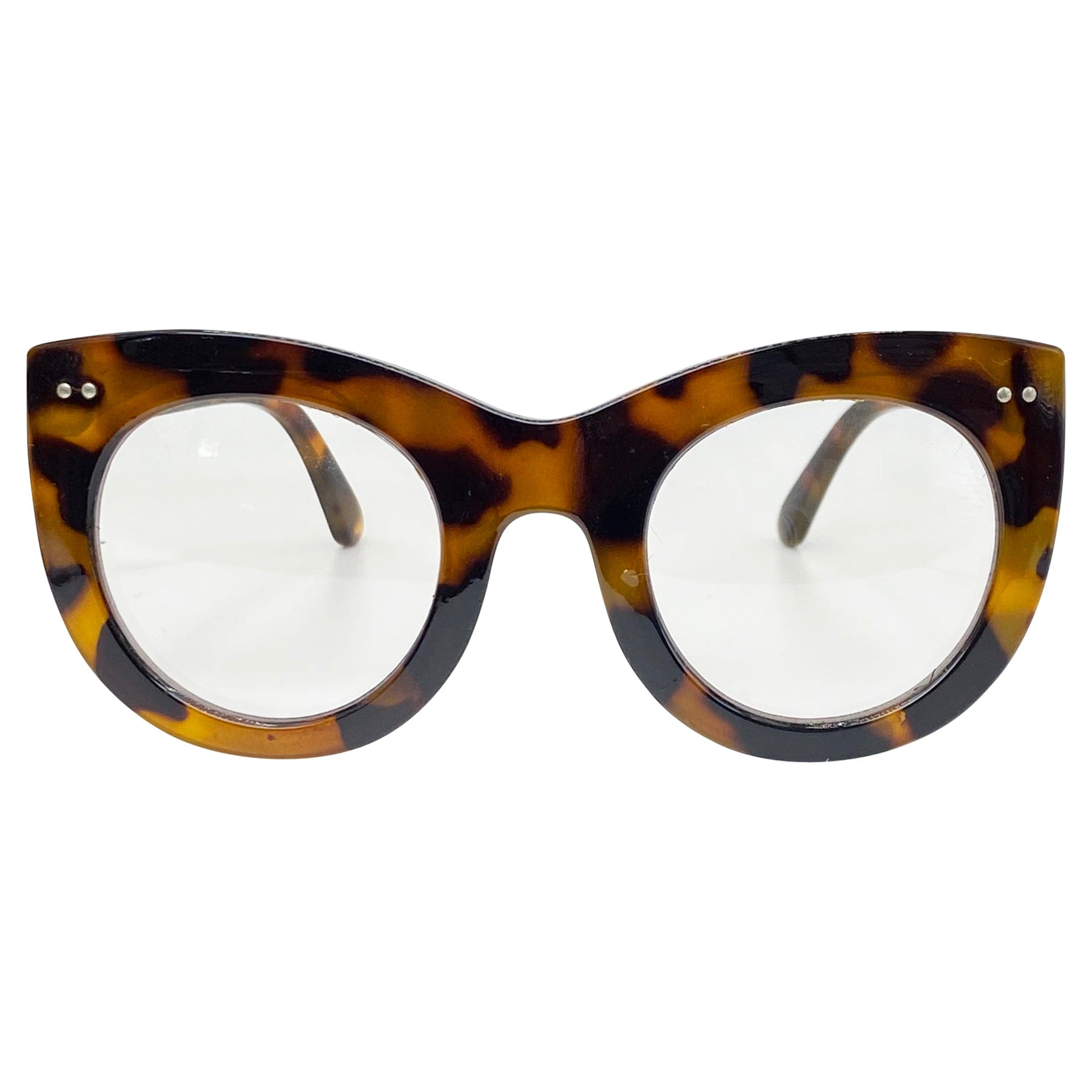 vintage inspired frame with a rounded cat eye shape and clear lens