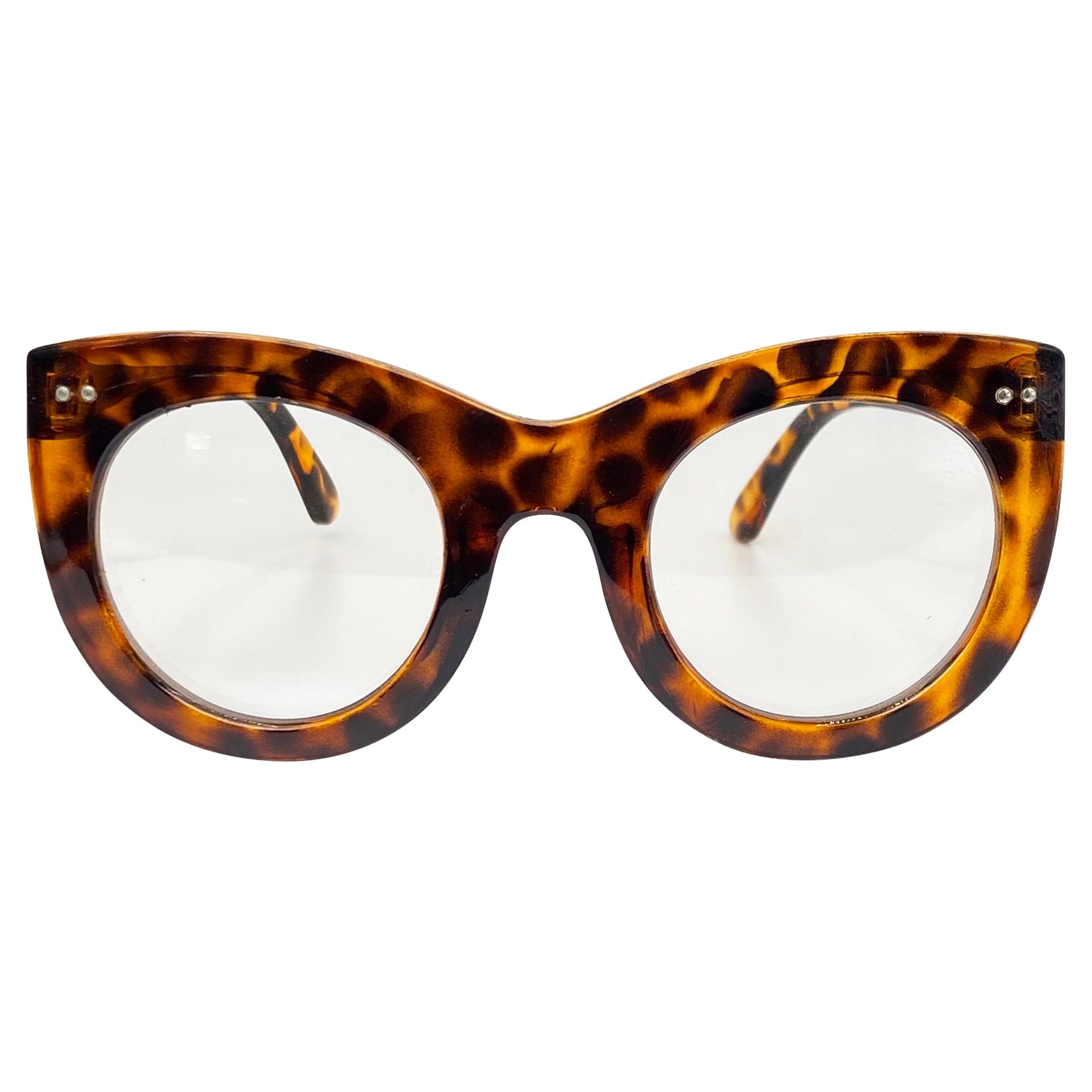 oversized chunky cat eye glasses with a tortoise frame and clear lens