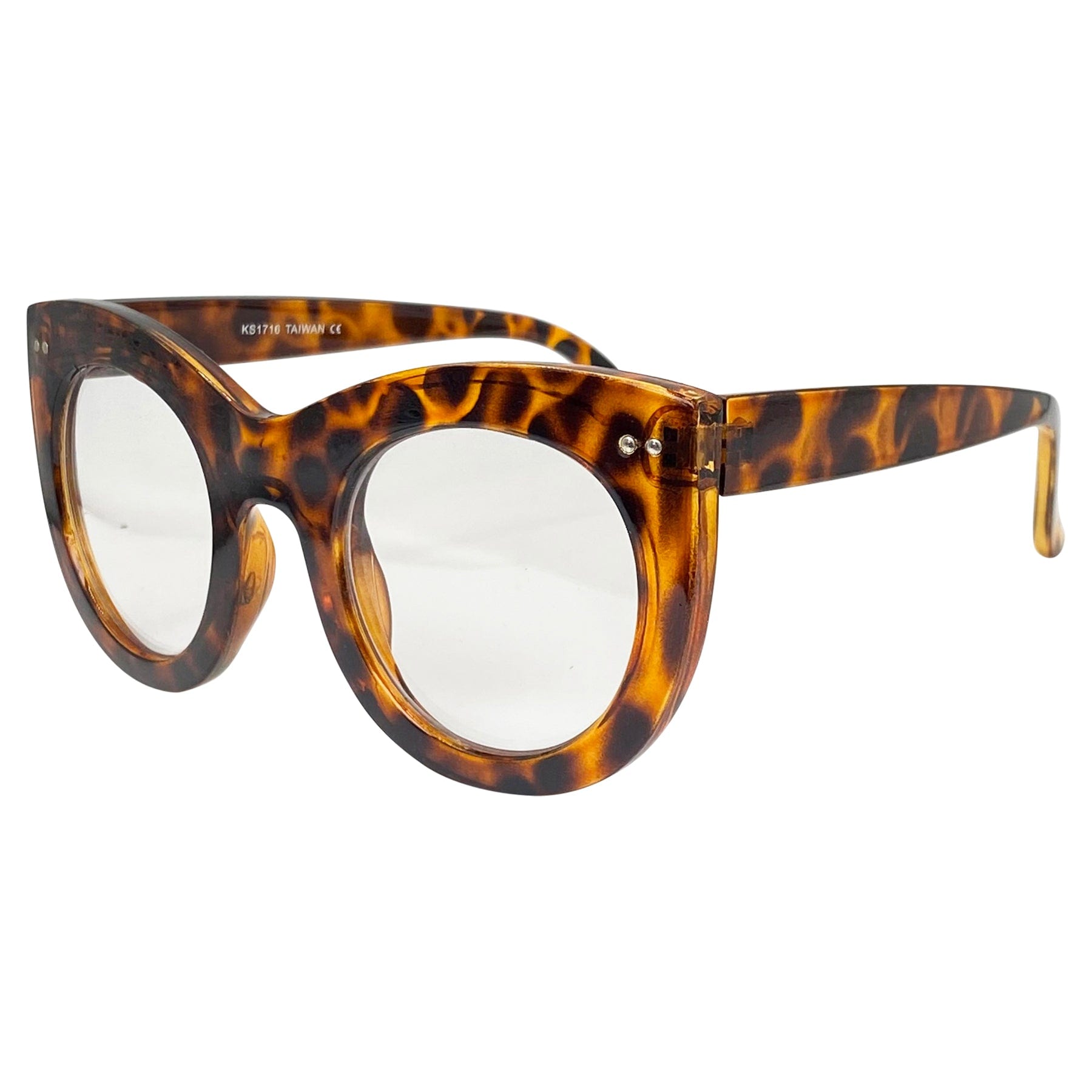 big glasses with a clear lens and cat eye shaped tortoise colored frame