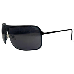 Side profile of EVERYTHING Square Sunglasses in Black Super Dark, showcasing the ultra-slim metal temples, curved wrap-around lens design, and adjustable nose pads.