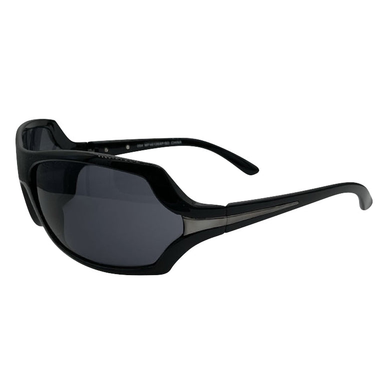Modern EXOTIC Shield sunglasses with a bold, polished black frame and dark gradient lenses, showcasing an edgy aesthetic.