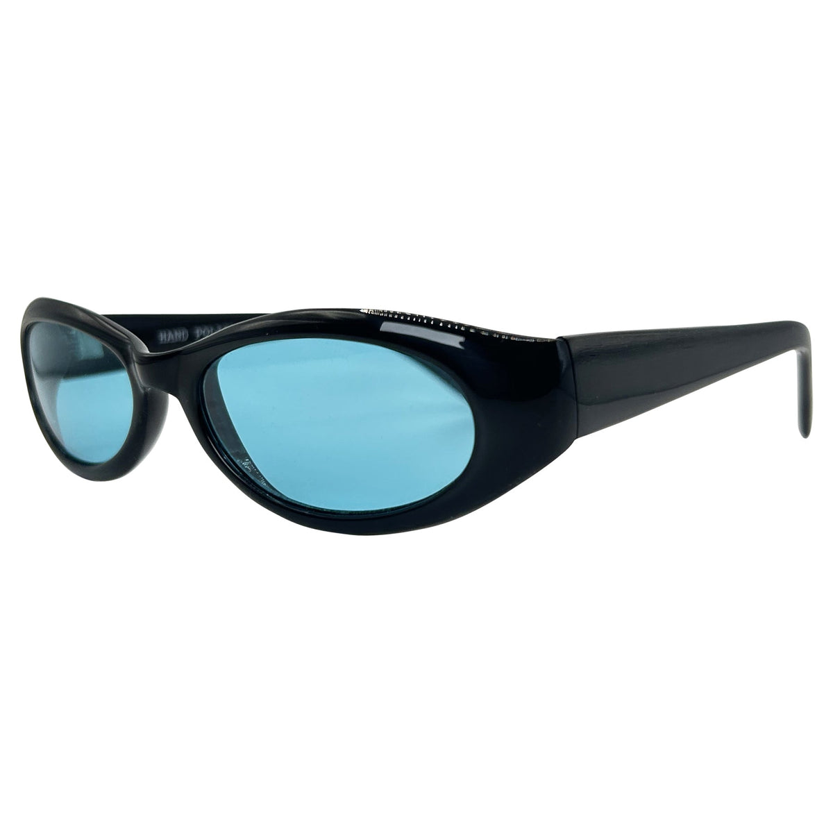 90s vintage sunglasses with a round shape and aqua lens