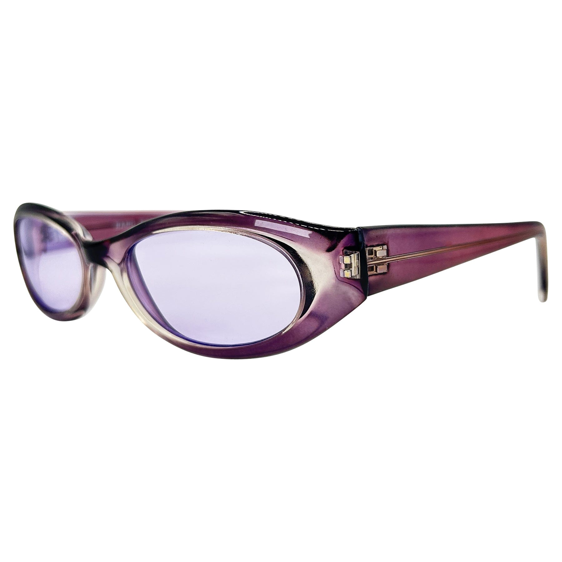 90s retro sunglasses with a lilac frame and lens